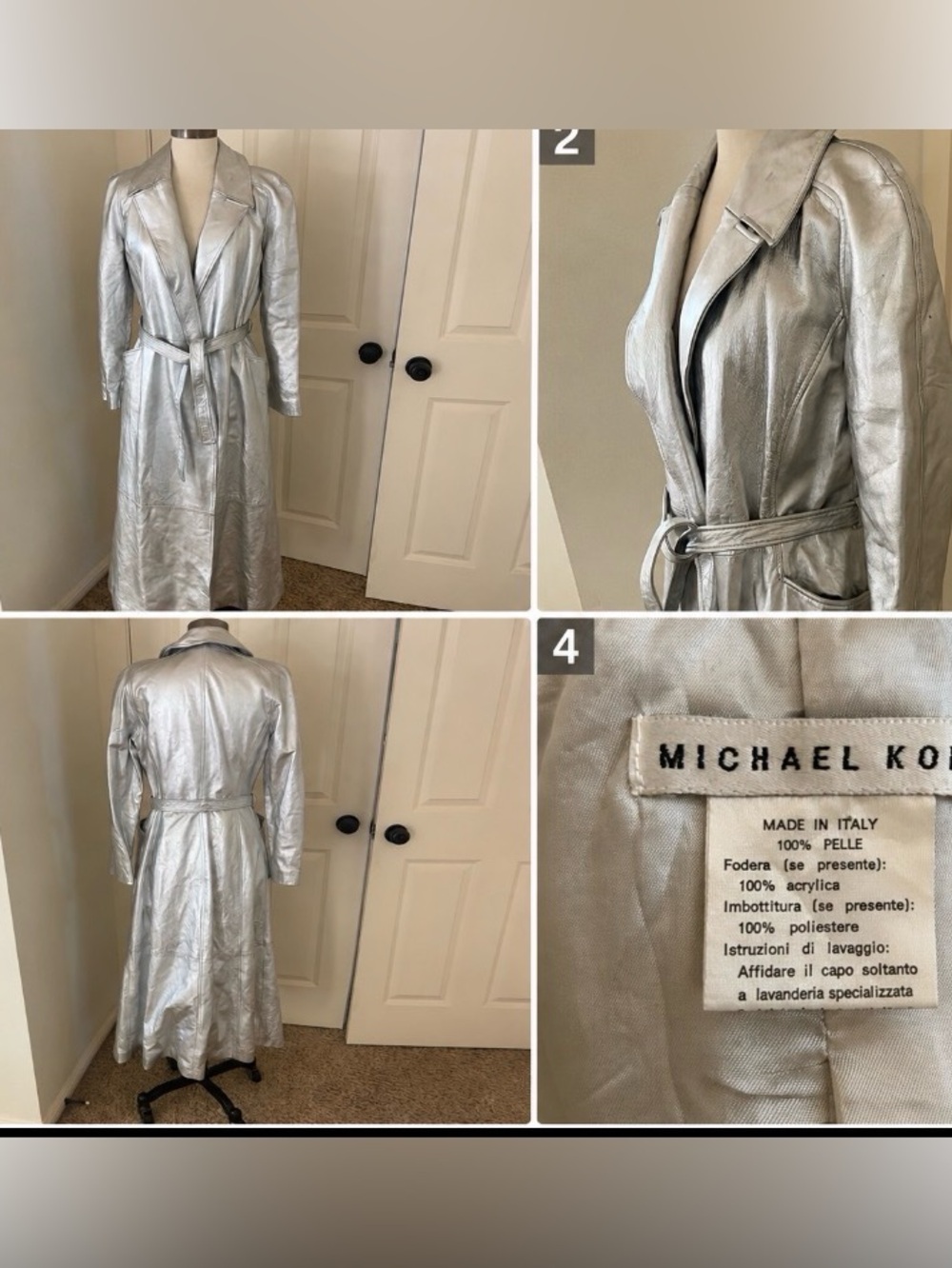 Michael Kors Silver Metallic Leather trench coat.  Size 8